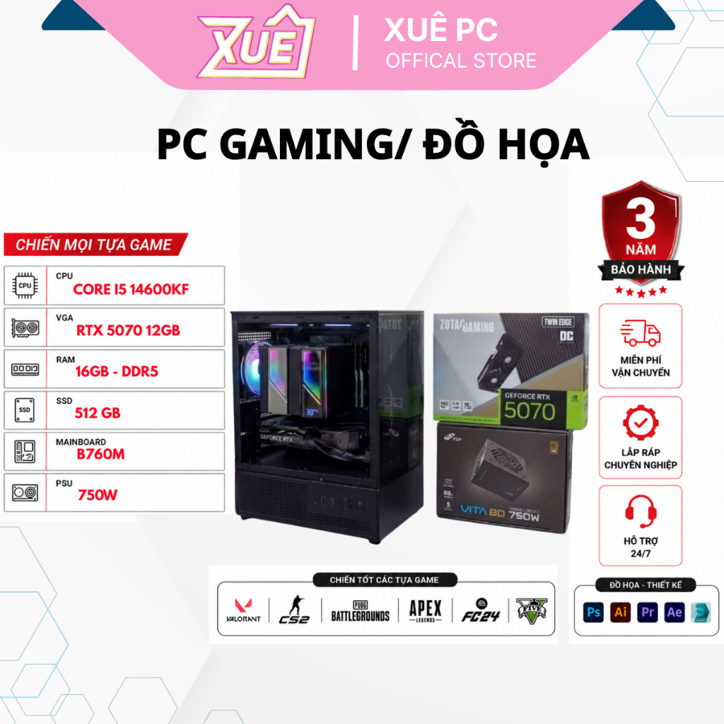 (XUEPC053-G) Bộ Máy Tính PC Gaming Intel Core I5-14600KF VGA RTX 5070 12GB | Chơi Game, Livestream, 
