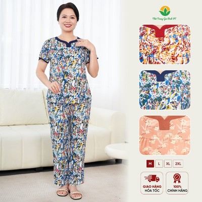 Bộ đồ lanh trung niên mặc nhà Việt Thắng,đồ bộ tặng bà tặng mẹ quần dài áo cộc tay mềm mát B08.5064