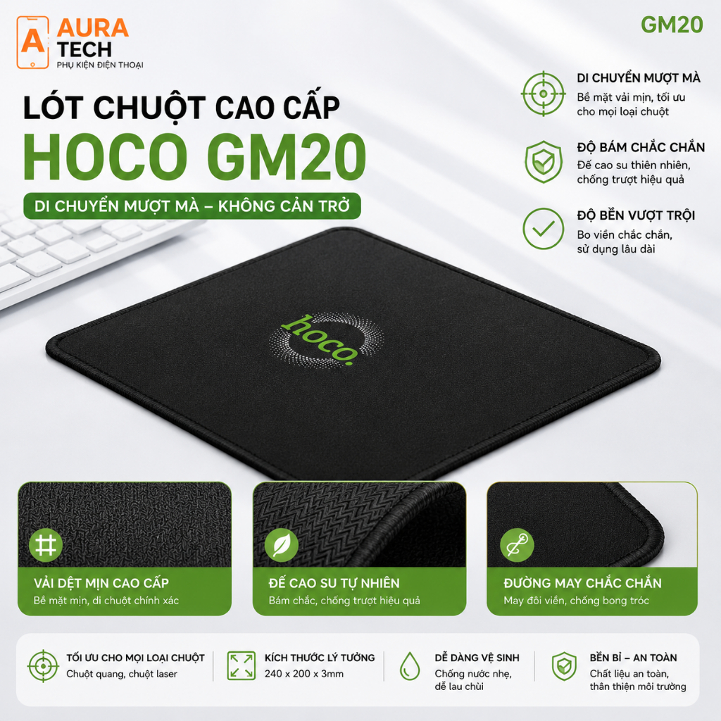 🖱 Tấm Lót Chuột Hoco GM20 - Chống Trơn Trượt, Êm Ái & Bền Bỉ 🖱