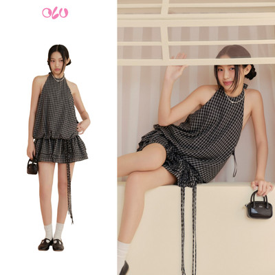 Đầm OLV suông cổ yếm trẻ trung Black Checked Halter Neck Mini Dress phù hợp đi chơi