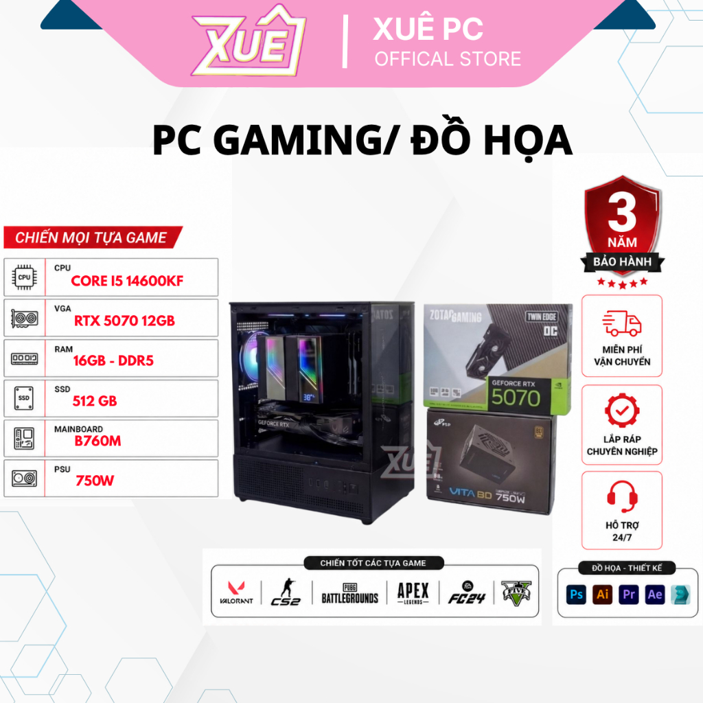 (XUEPC040-G) Bộ Máy Tính PC Gaming Intel Core I5-14600KF VGA RTX 5070 12GB | Chơi Game, Livestream, 