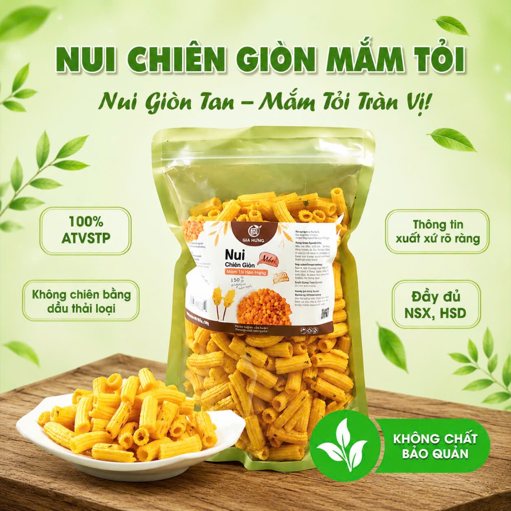 Nui Chiên Giòn Mắm Tỏi loại ngon giòn ngọt xốp phân phối bởi NATURE FOOD