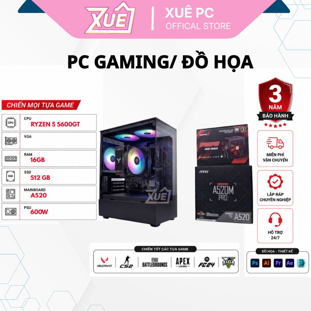 (XUEPCT06) Bộ Máy Tính PC Gaming AMD Ryzen 5 5600GT | Chơi Game, Livestream | RAM 16GB - XUEPC