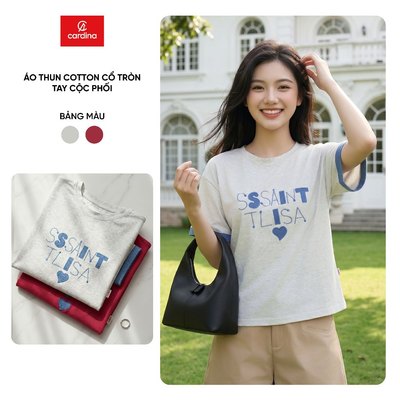 Áo phông nữ CARDINA chất liệu cotton tay cộc cổ tròn phối viền 6ATC31