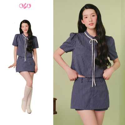 Set OLV áo và chân váy sọc trẻ trung Blue White Bow Striped Set phù hợp mọi dịp