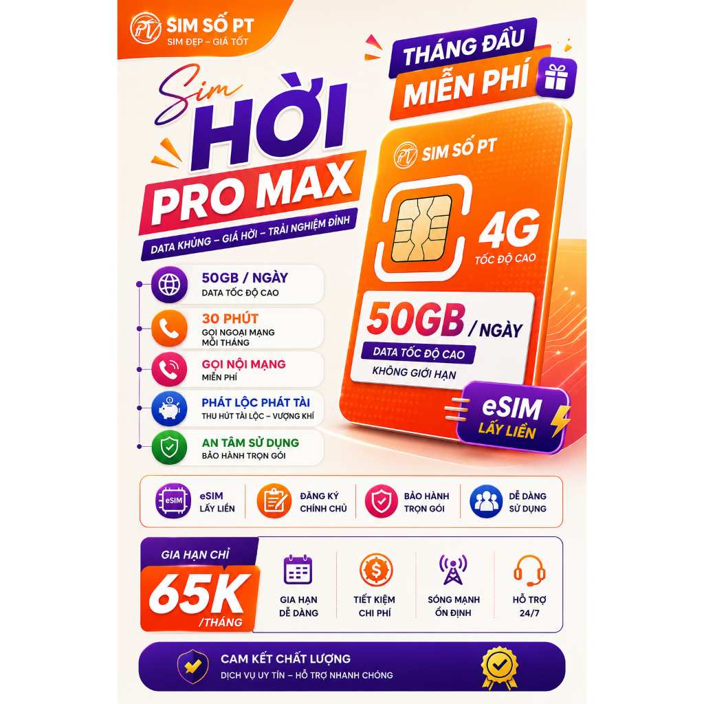 Sim 4G 50GB/Ngày Vietnamobile – Hời Pro Max – Miễn Phí Tháng Đầu, eSIM Lấy Liền