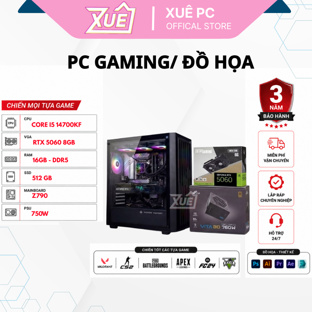 (XUEPC155-G) Bộ Máy Tính PC Gaming Intel Core I7 14700KF VGA RTX 5060 8GB RAM DDR5 | Chơi Game, Live