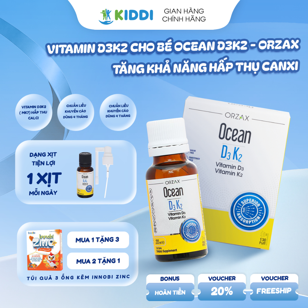 TPBVSK Ocean D3K2 ORZAX -  Dạng Nhỏ Tiện Lợi - Hỗ Trợ Hấp Thu Canxi, Tăng Chiều Cao, Nhập Khẩu Châu 