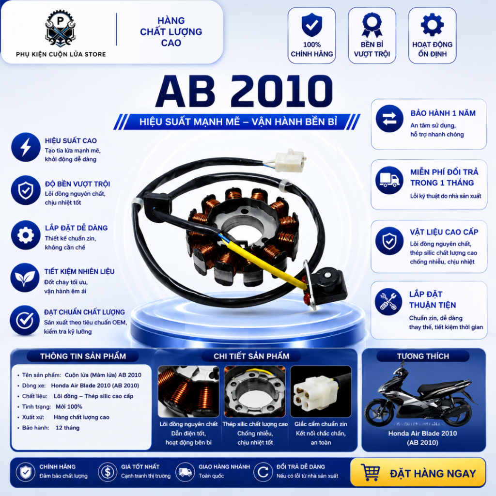 Cuộn Lửa & Mobin Sườn AB 110 - Phụ Kiện Đánh Lửa Honda Air Blade 2010 Bền Bỉ Tăng Tốc Êm.
