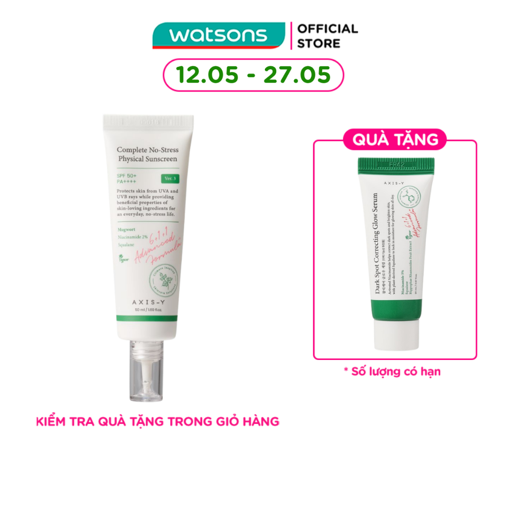 Kem Chống Nắng Vật Lý Dịu Nhẹ AXIS-Y Complete No-Stress Physical Sunscreen SPF50+ PA++++ 50ml