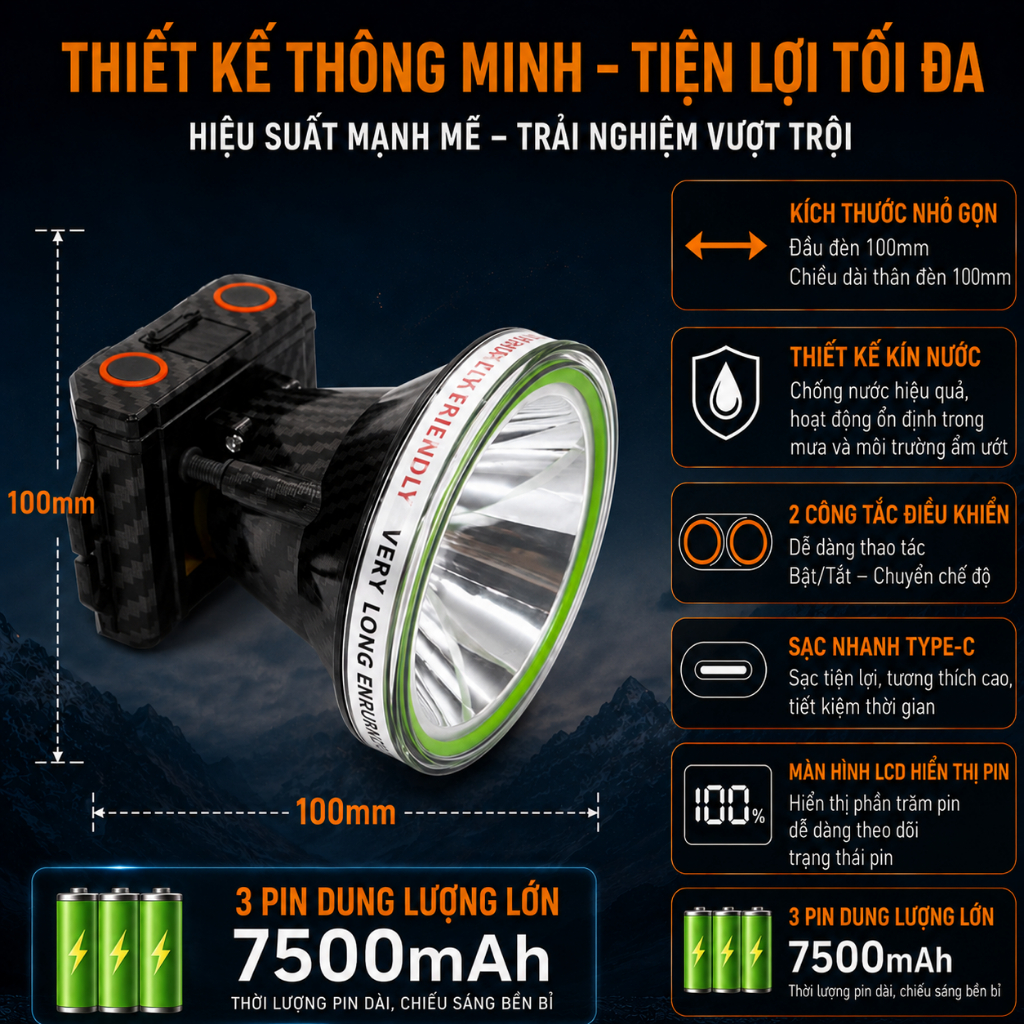 Đèn đeo đầu pin sạc kín nước led siêu sáng 3 chế độ XJ - 8205S - 9813S