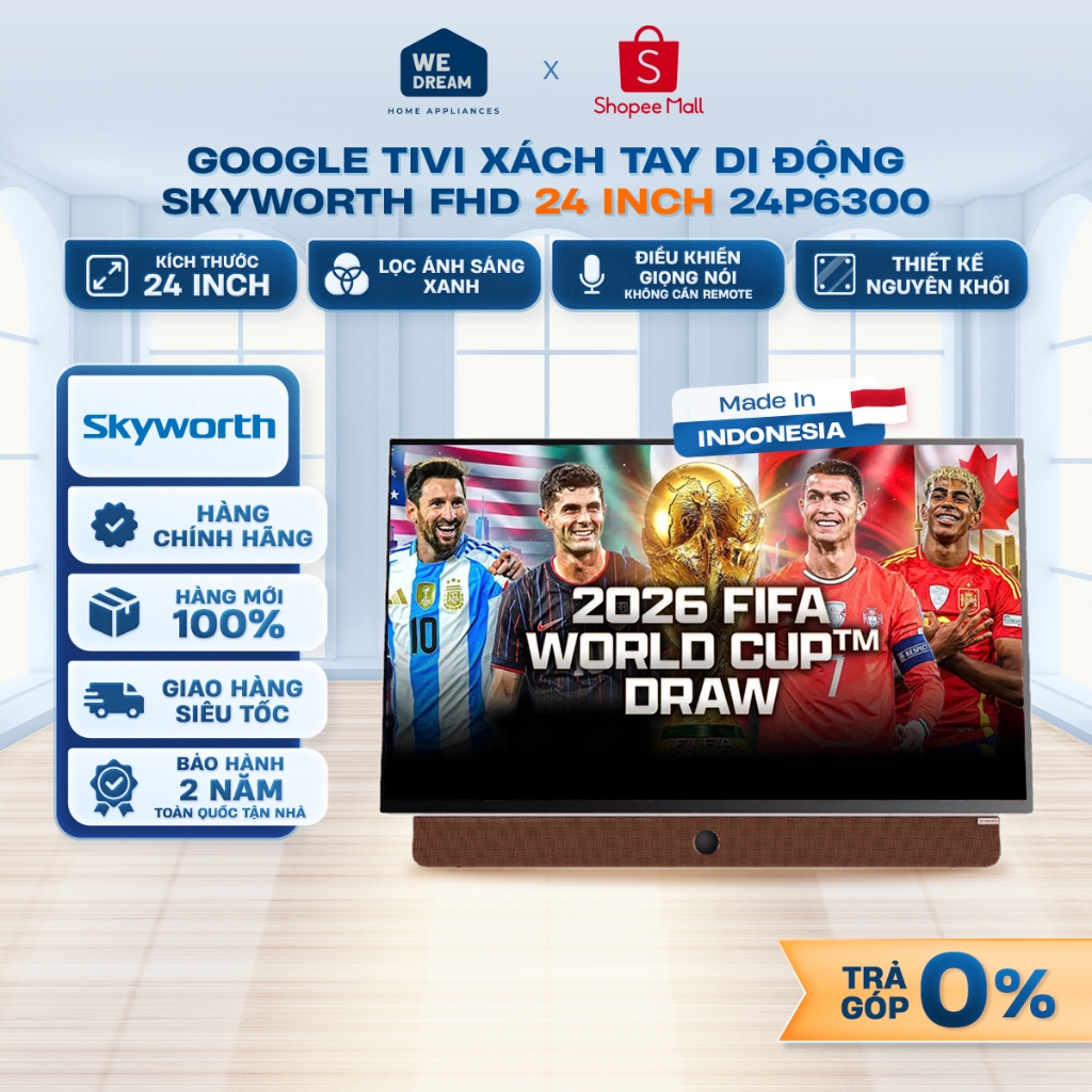 [TOÀN QUỐC] Google Tivi Di Động Skyworth 24 Inch Full HD 24P6300 | Pin Sạc | Chính Hãng, Mới 100%