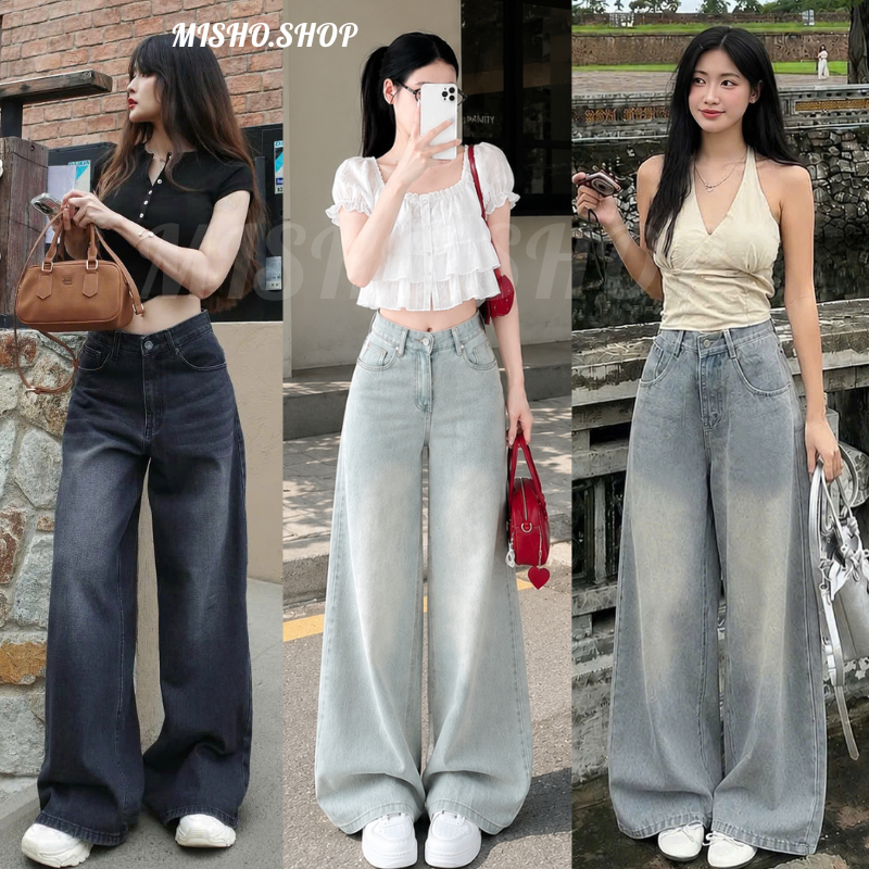 Quần Jean Nữ Ống Suông Rộng Wash Smoke Vintage Lưng Cao Hack Dáng Style Hàn Quốc, form suông dài che