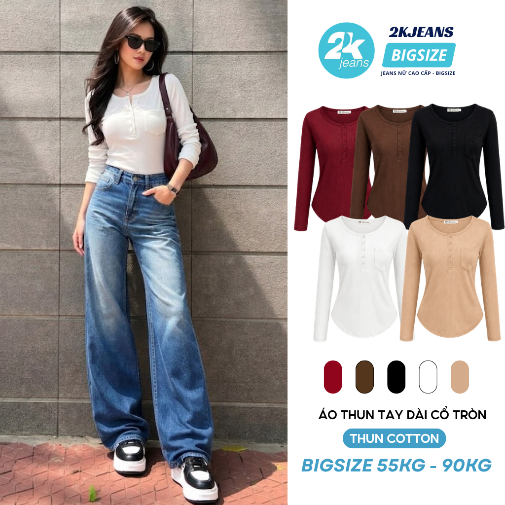 Áo Thun Nữ Tay Dài Cổ Tròn Vạt Bầu Bigsize 2KJeans Chất Thun Tăm Co Giãn 2Kjeans_bìgsize  AT24