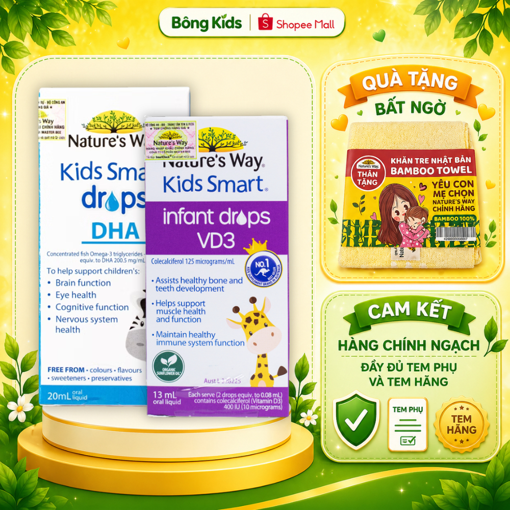Combo 2 Siro Uống Nature's Way Kids Smart Drops DHA và Infant Drops VD3 Bổ Sung Vitamin D Cho Bé Hộp