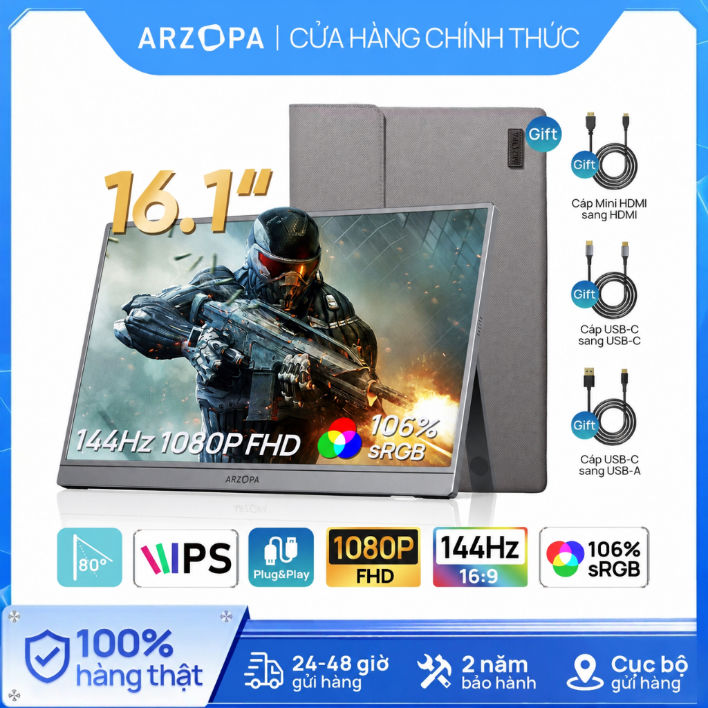 Màn Hình Chơi Game Di Động ARZOPA 16.1” FHD 144Hz HDR 100% sRGB – Màu Xám + Túi Đựng, Cho Laptop / P