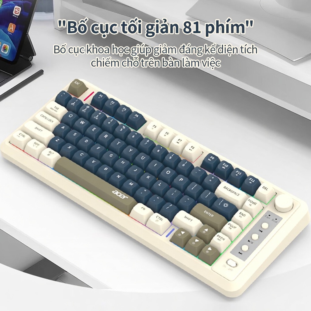 Bàn Phím Không Dây Acer Bluetooth 2.4G Dual Mode 81 Phím LED RGB Pin 2000mAh Type-C Gõ Êm - Hỗ Trợ Đa Thiết Bị | BigBuy360 - bigbuy360.vn
