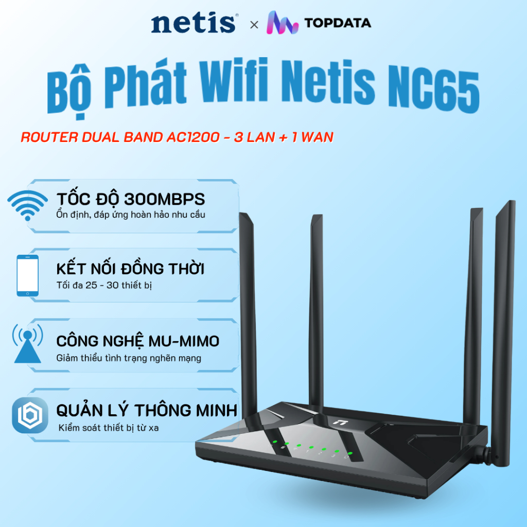 Bộ Phát Wifi Netis NC65 - Chuẩn AC1200 Băng Tần Kép - Cổng Gigabit -  Dễ Lắp Đặt - App BeeWiFi