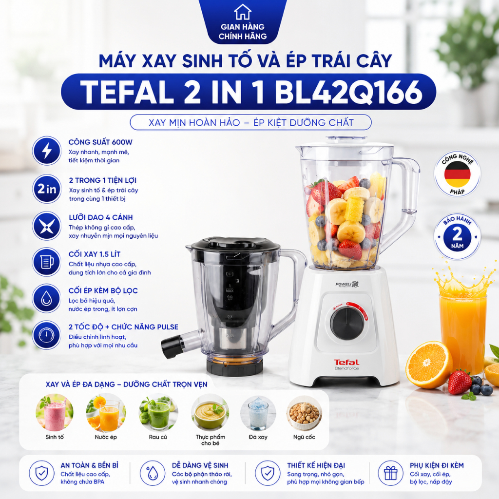 Máy Xay Sinh Tố Và Ép Trái Cây Tefal BL42Q166 | Công Suất 600W | 2 Cối Xay | Tự Động Vệ Sinh | Bảo H