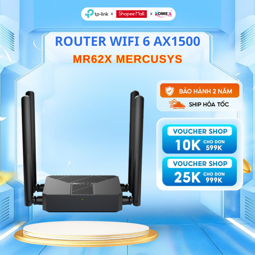 Router Wifi 6 Mercusys MR62X Chuẩn AX Tốc Độ 1500Mbps Full Cổng Gigabit 1000Mbps Tốc Độ Siêu Nhanh