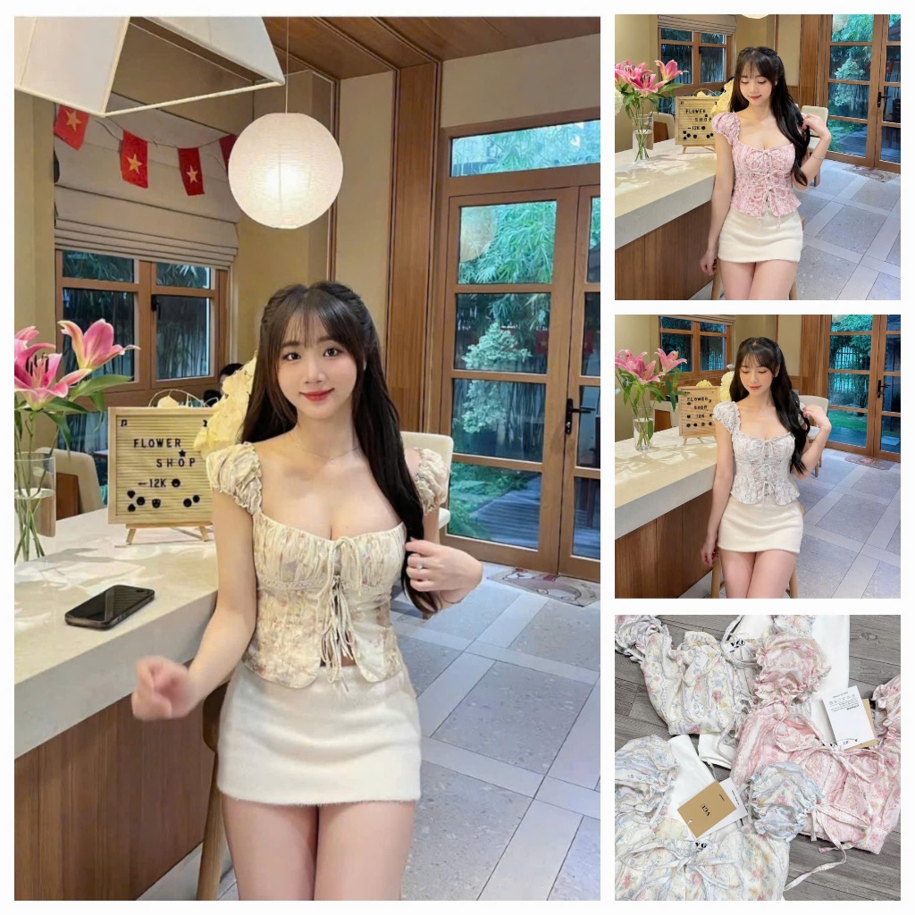 Set váy kaki - Set váy nữ đáng iu, dễ thương cho nàng hẹn hò, áo kiểu cánh tiên họa tiết hoa nhí cột