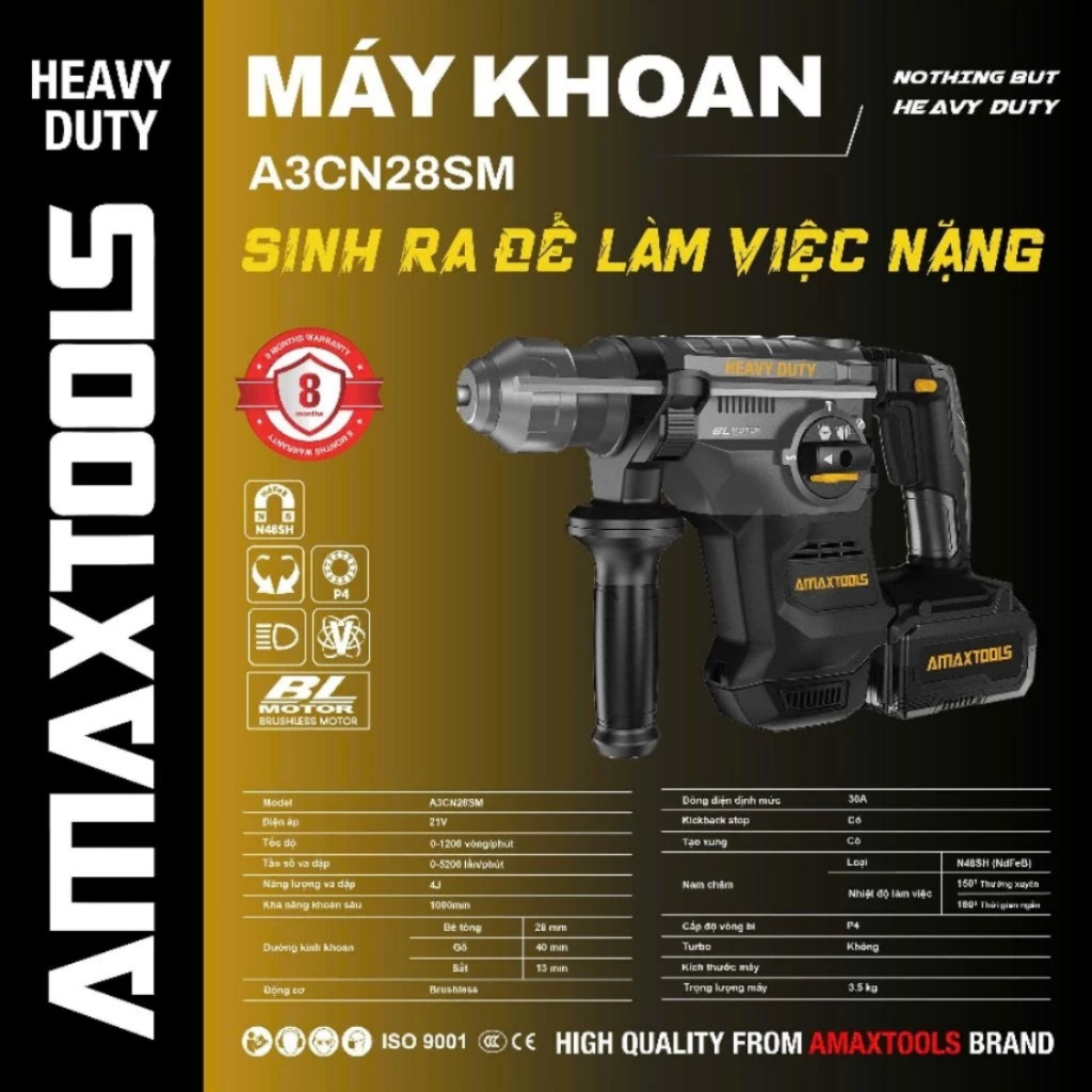 Máy khoan đục bê tông Pin 3 chức năng AMAXTOOLS.model A3CN28SM, Lực đập 4J, Chính Hãng