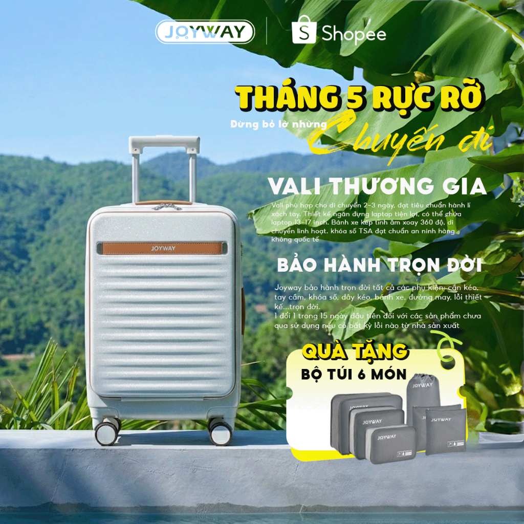 Vali Xách Tay JOYWAY Mở Mặt Trước Cao Cấp Khóa TSA Dây Kéo YKK 360°Có Móc Treo Đồ Có Ngăn ĐựngLaptop