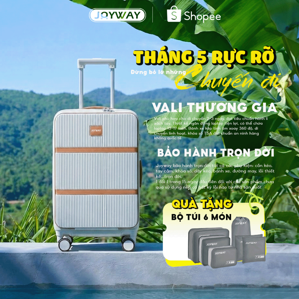 Vali Du Lịch JOYWAY 20 inch Mở Trước Có Ngăn Đựng Ly Chuẩn Cabin Máy Bay Nhựa Cứng Siêu Bền