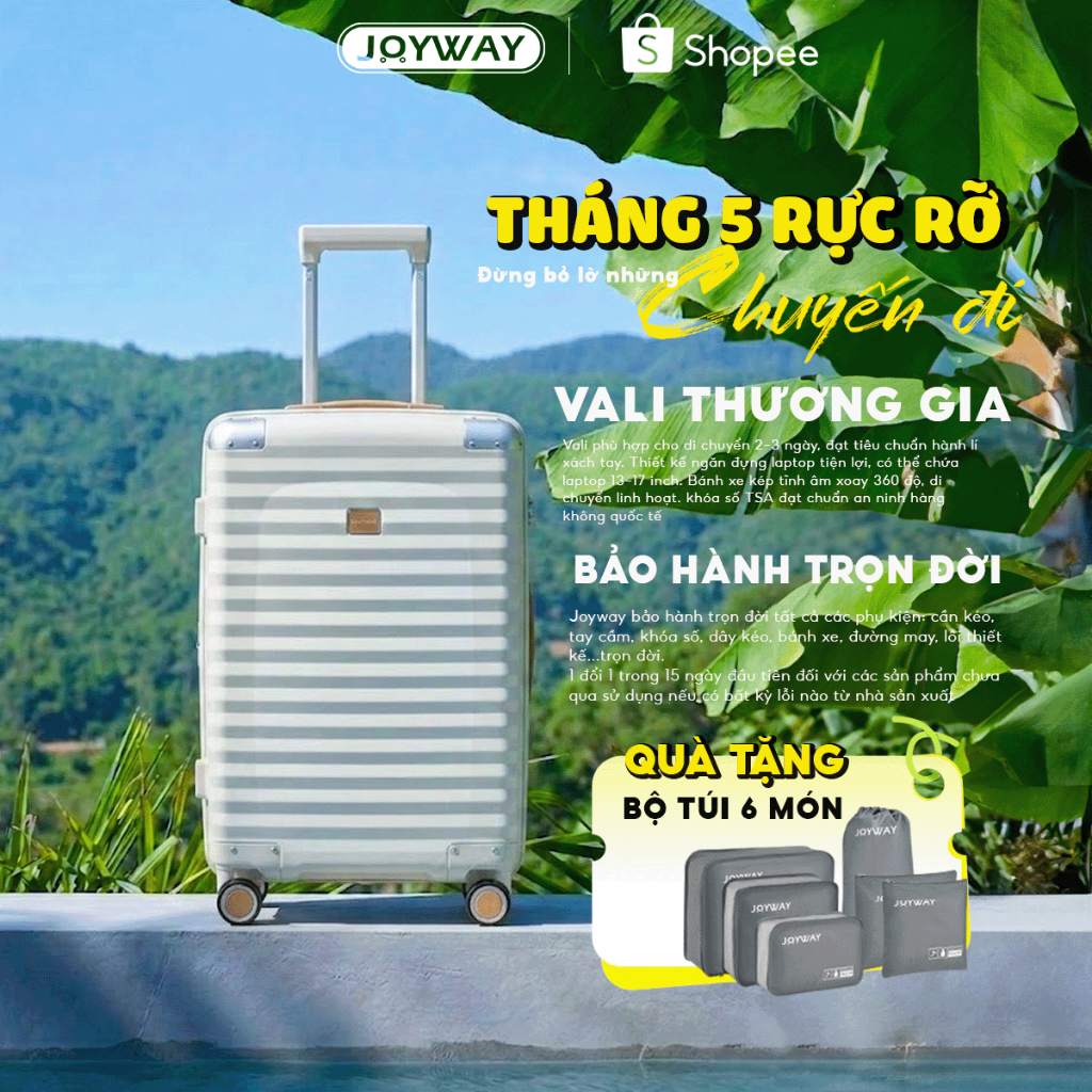 VALI Du Lịch Xách Tay Bo Kim Loại JOYWAY 20/24/28 Chống Va Đập Khóa TSA Bánh Xe 360°Chuẩn Cabin Bay
