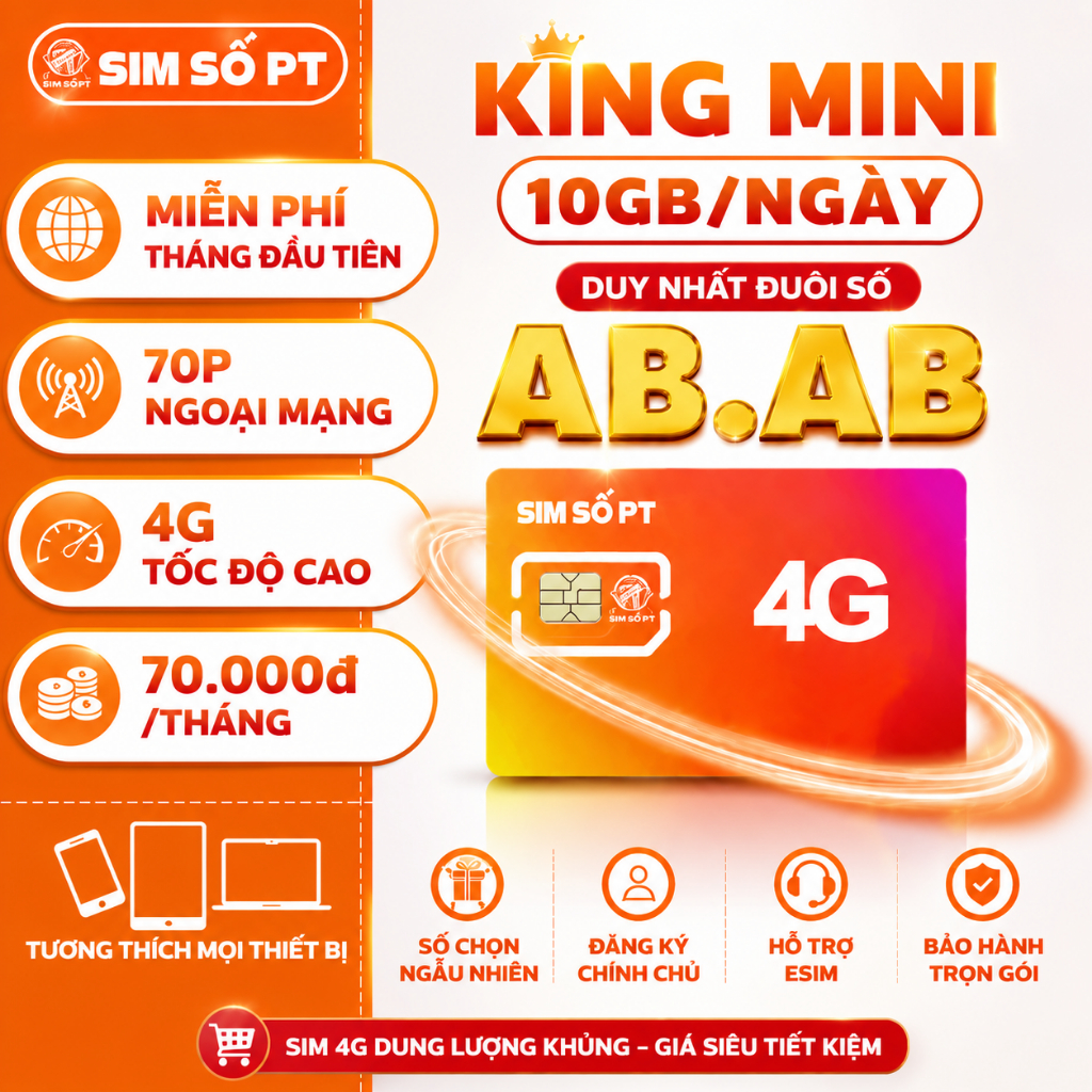 Sim 4G King Mini Vietnamobile – Đuôi AB.AB – 10GB/Ngày tốc độ cao Miễn Phí Tháng Đầu