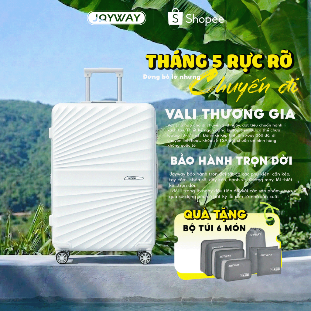 Vali kéo nhựa ABS chính hãng JOYWAY size 18/20/24/28 bánh xe 360 chống sốc du lịch bảo hành trọn đời