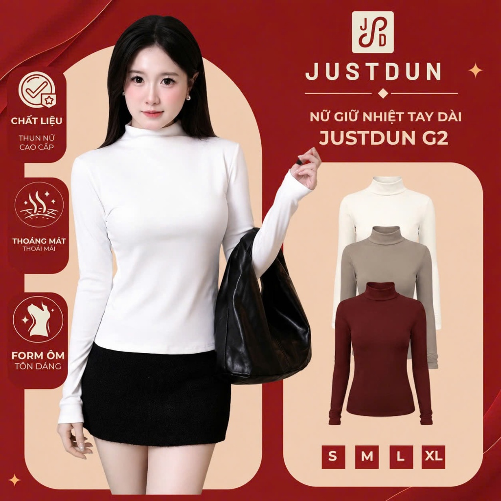 Áo Thun Ôm Body Nữ Giữ Nhiệt Tay Dài JUSTDUN G2 – Cổ Cao 3cm, Chất Nhung Mịn Dày Dặn, Co Giãn