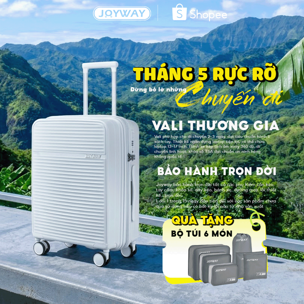 CHỐNG VA ĐẬP Vali Du Lịch JOYWAY Vali kéo nhựa PP chống bể vỡ Khóa TSA bánh xe xoay 360°