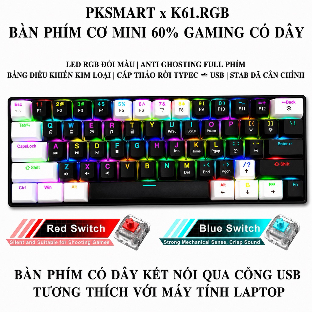 Bàn Phím Cơ Mini Gaming Có Dây - PKSMART x K61RGB - LED RGB Đổi Màu - Anti Ghosting Full Phím - Blue