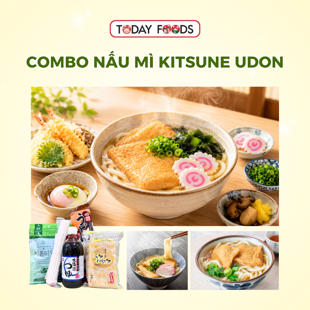 Combo nấu Mì Kitsune Udon Nhật - Mì Udon + Súp Udon + Abura-age + Naruto + Wakame