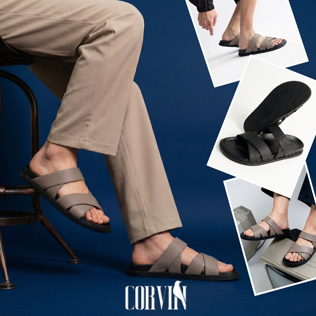 Dép da nam CORVIN VELAR quai chéo vân rắn da Microfiber cao cấp đế cao su công thái học êm chân