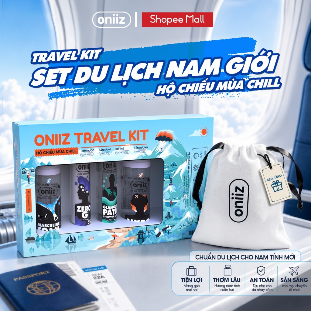 Oniiz Travel Kit, Set du lịch Nam 4 món Minisize Bọt Vệ Sinh, Rửa Mặt, Dầu Gội & Sữa Tắm. Combo chăm