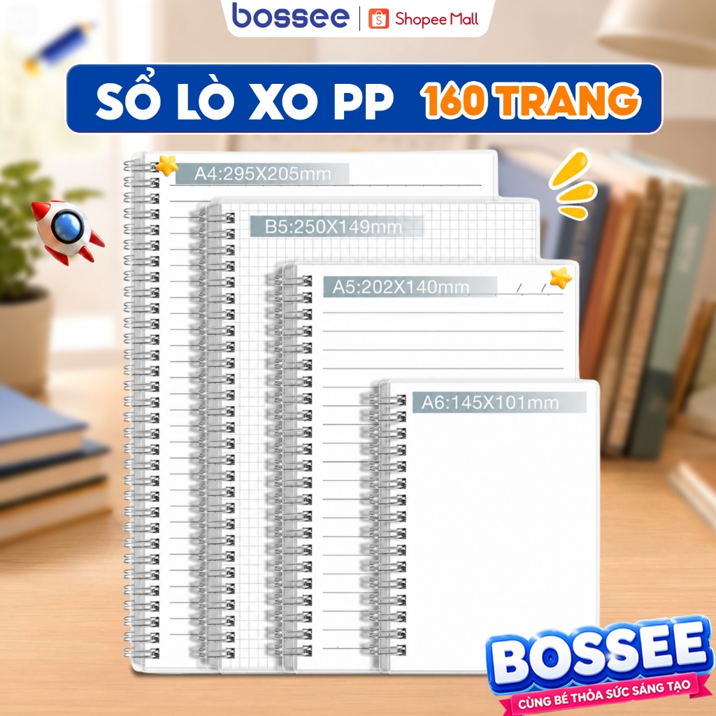 Sổ lò xo PP Bossee 160 Trang B5/A5/A4, Giấy Không Kẻ/Kẻ Vuông/Kẻ Ngang