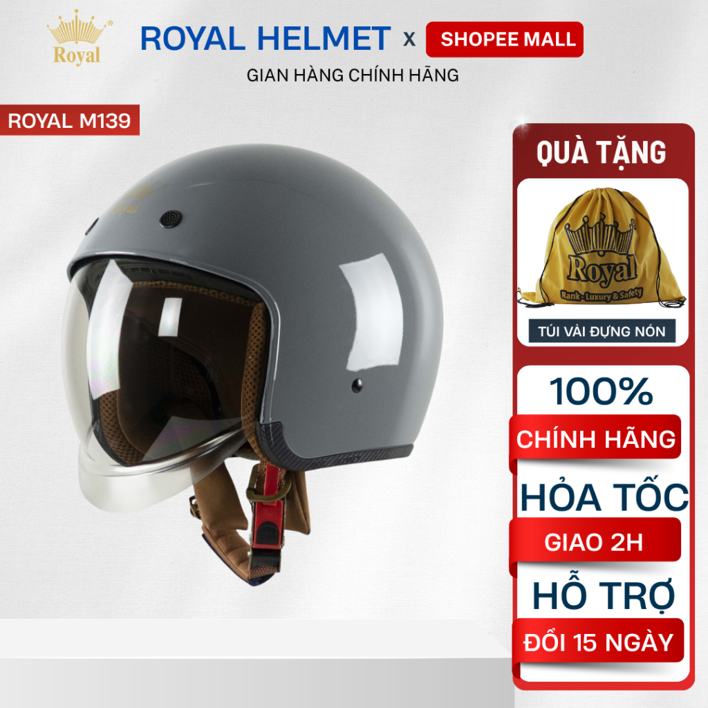 Mũ Bảo Hiểm 3/4 Royal Chính Hãng M139 Kính Âm Chắn Gió, Mũ Bảo Hiểm Royal M239 Nửa Đầu Chính Hãng Ch