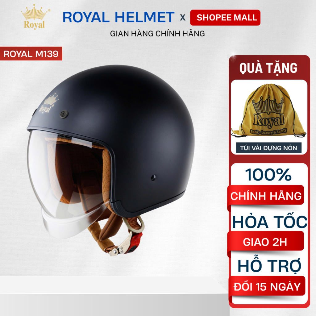 Mũ Bảo Hiểm 3/4 Royal M139 Chính Hãng Nam Nữ Kính Âm Dài, Mũ Bảo Hiểm Royal Chính Hãng Chắn Gió Chốn