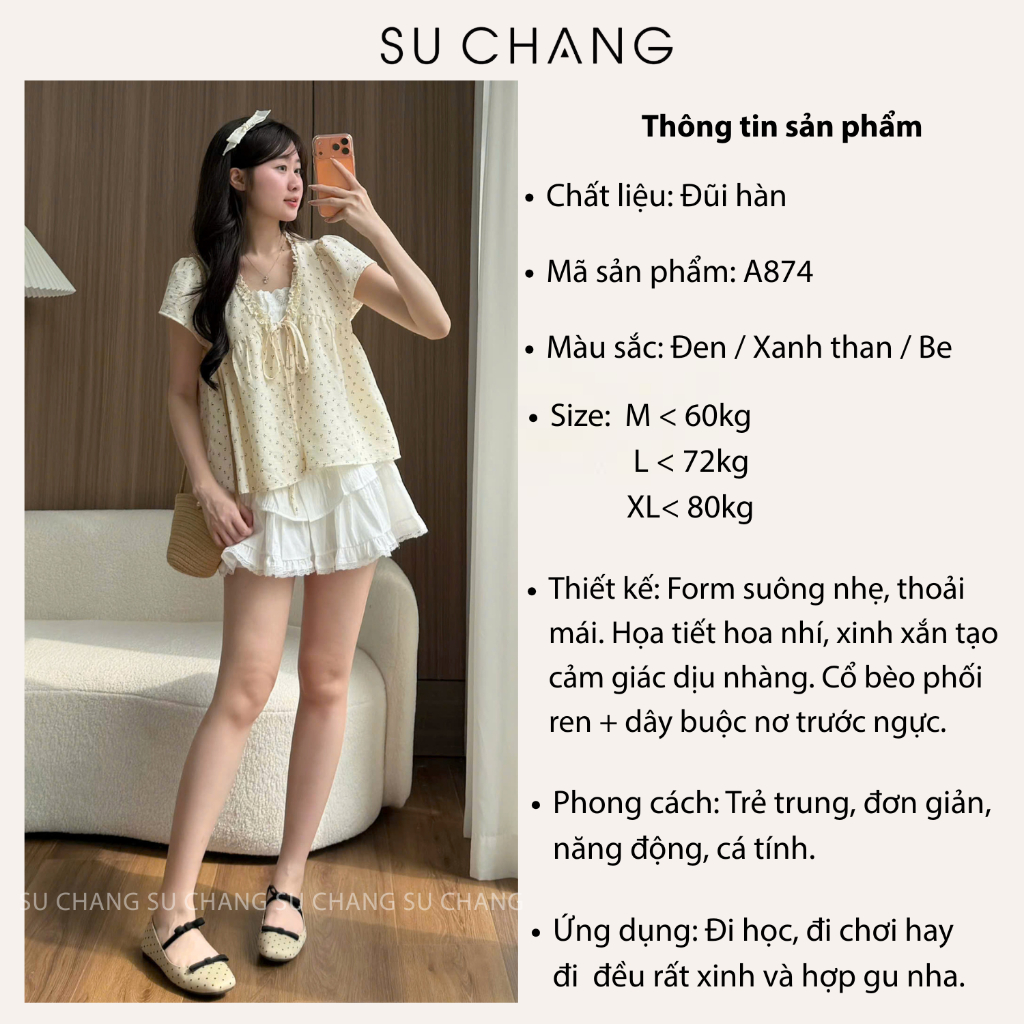 Áo Babydoll Viền Bèo Cộc Tay Hoa Nhí Nơ Ngực Phối Ren Boi Trắng A874 Su Chang Thời Trang Nữ | BigBuy360 - bigbuy360.vn
