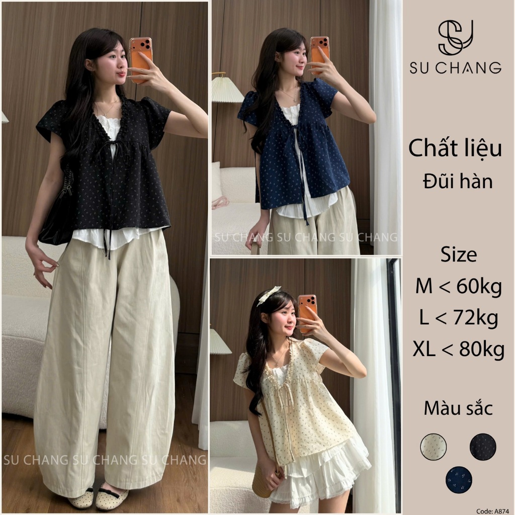 Áo Babydoll Viền Bèo Cộc Tay Hoa Nhí Nơ Ngực Phối Ren Boi Trắng A874 Su Chang Thời Trang Nữ | BigBuy360 - bigbuy360.vn
