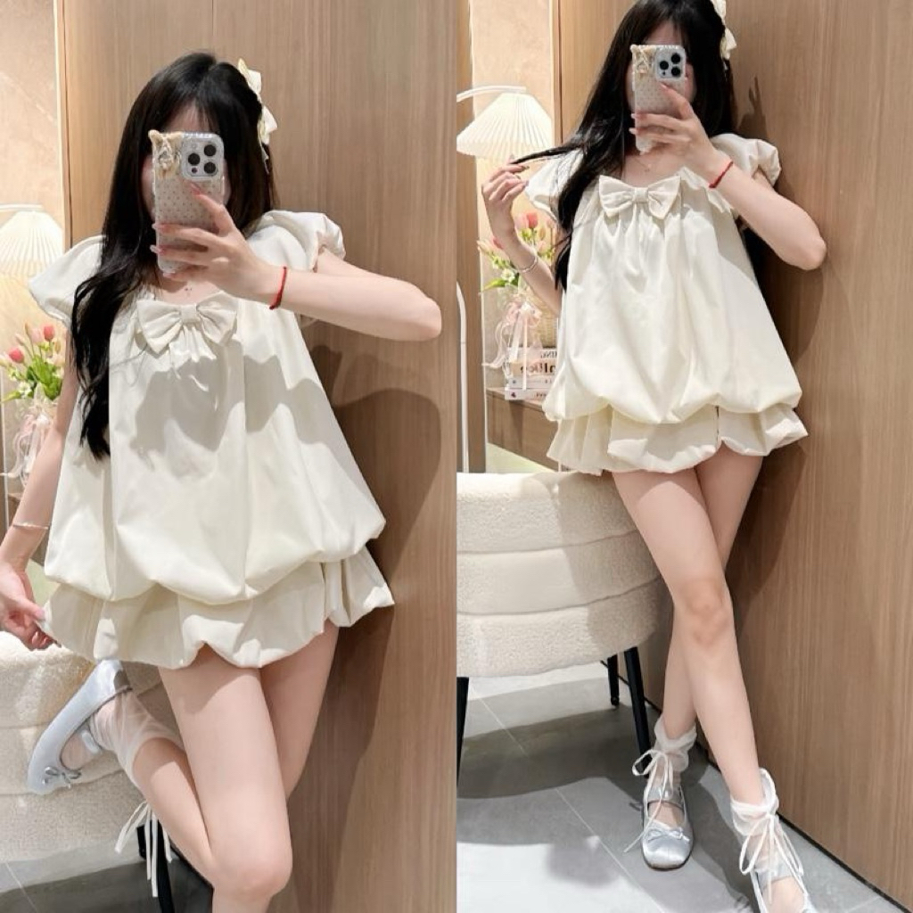 (LẺ ÁO) Áo Kiểu Cổ Rộng Dáng Bồng Phối Nơ Ngực Dilyshop - A149