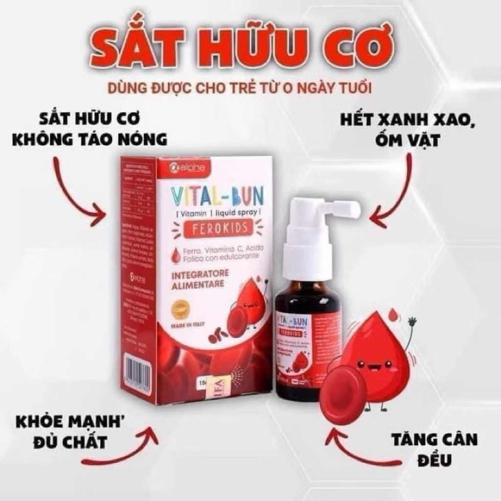 Sắt xịt Vital -Bun dẻo kids bổ sung sắt cho trẻ sơ  sinh và trẻ nhỏ . giảm tỉ lệ thiếu máu ở trẻ, tr