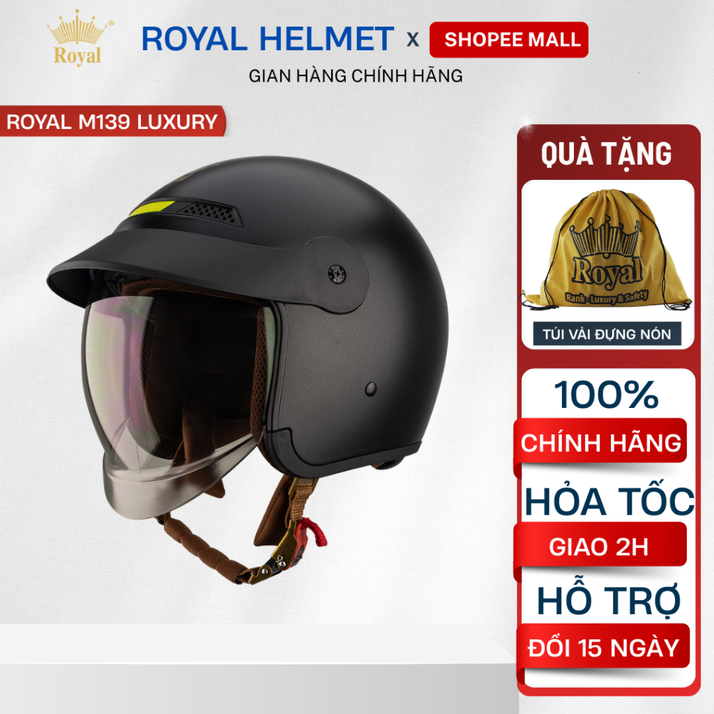 Mũ Bảo Hiểm 3/4 Royal Chính Hãng M139 Luxury Cao Cấp Có Kính Chắn Và Lưỡi Trai Che Nắng