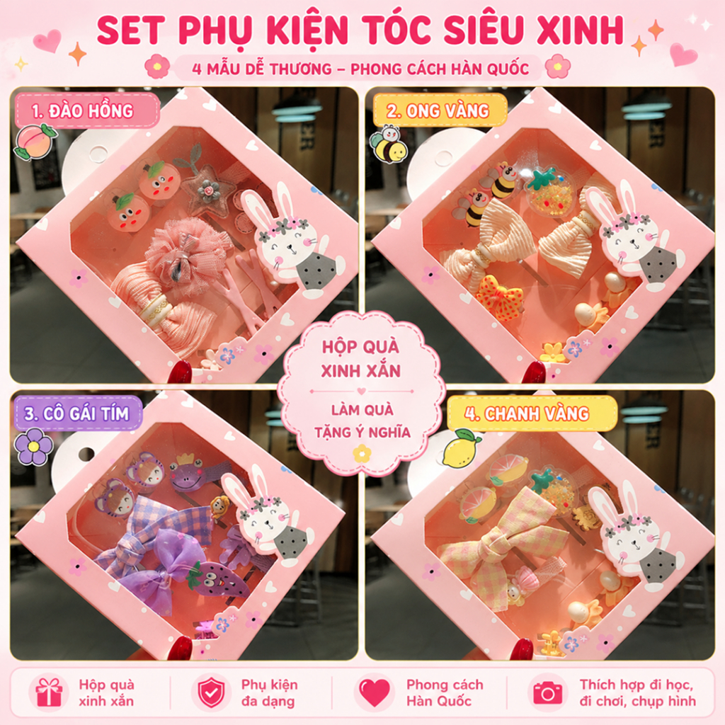 Hộp Phụ Kiện Tóc Bé Gái Siêu Cute – Set Kẹp Tóc Công Chúa Phong Cách Hàn D3