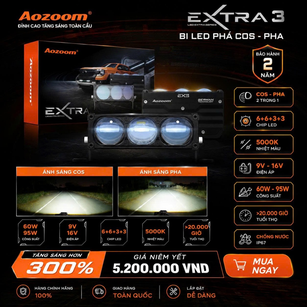 Bi cầu trợ sáng Aozoom Ex3, Đèn Bi Cầu Mini Aozoom EX3 Extra 180W Chính Hãng Bảo hành 2 year