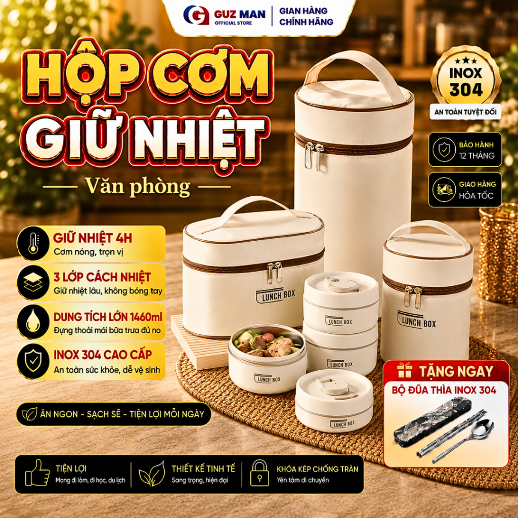 Hộp Đựng Cơm Giữ Nhiệt, Hộp Cơm Trưa Văn Phòng Cách Nhiệt 3 Tầng, Thép Không Gỉ Tiện Lợi