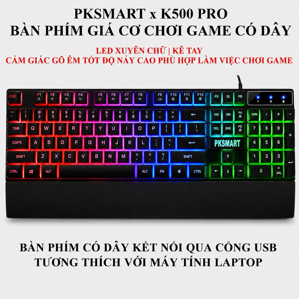 Bàn Phím Giả Cơ Có Dây - PKSMART x K500 & K500PRO - LED Xuyên Chữ - Dùng Cho Máy Tính Laptop