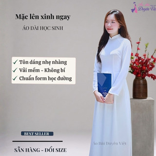 Áo dài trắng học sinh nữ lụa cao cấp cổ cao 3cm tay dài form chuẩn mặc đi học.
